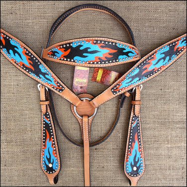 HILASON WESTERN LEATHER HORSE BRIDLE HEADSTALL BREAST COLLAR HAND PAINT FLAME
