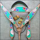 HILASON WESTERN LEATHER HORSE HEADSTALL BREAST COLLAR HAND PAINT CARDS GREEN