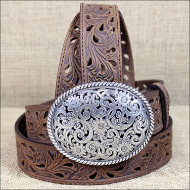 40 inch C529 TONY LAMA BROWN PIERCED FILIGREE TROPHY WESTERN LEATHER LADIES BELT
