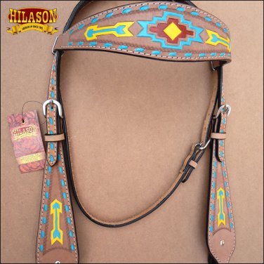HILASON WESTERN LEATHER HORSE BRIDLE HEADSTALL TAN W/ AZTEC HAND PAINT