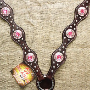 S - HILASON WESTERN LEATHER HORSE BREAST COLLAR DARK BROWN W/ PINK CONCHOS