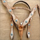 WESTERN LEATHER HORSE BRIDLE HEADSTALL BREAST COLLAR COWHIDE HAIR ON W/ CONCHO