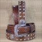 34 INCH WESTERN ARIAT LEATHER MENS BELT STUDS CONCHOS BASKET WEAVE BROWN