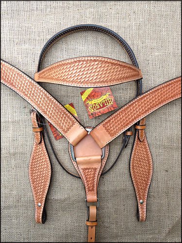 S- HILASON WESTERN BASKET WEAVE LEATHER HORSE BRIDLE HEADSTALL BREAST COLLAR TAN