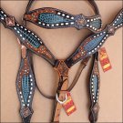 HILASON WESTERN LEATHER BRIDLE HEADSTALL BREAST COLLAR BLACK TURQUOISE ALLIGATOR