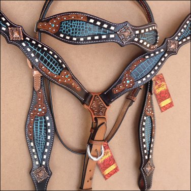 HILASON WESTERN LEATHER BRIDLE HEADSTALL BREAST COLLAR BLACK TURQUOISE ALLIGATOR