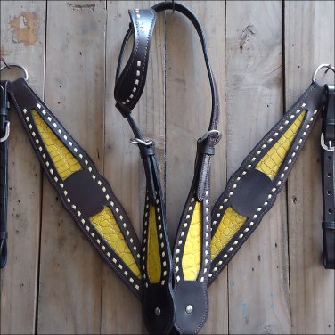 HILASON WESTERN LEATHER ONE EAR HORSE HEADSTALL BREAST COLLAR BROWN YELLOW INLAY