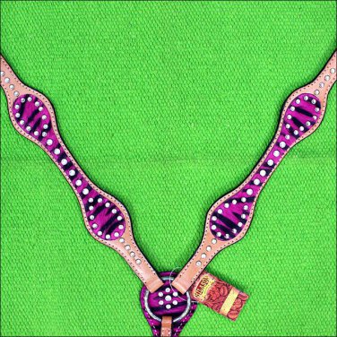 HILASON WESTERN LEATHER HORSE BREAST COLLAR PINK ZEBRA HAIR ON