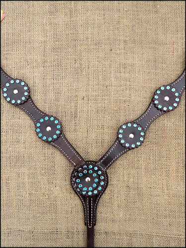 HILASON WESTERN LEATHER HORSE BREAST COLLAR DARK BROWN TURQUOISE CRYSTALS