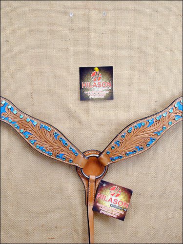 HILASON WESTERN LEATHER HORSE BREAST COLLAR W/ TURQUOISE HAND PAINT INLAY S311