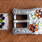 SET OF 32 PERIDOT TOPAZ CRYSTALS ANTIQUE SILVER FINISH BUCKLE SET BELT HEADSTALL