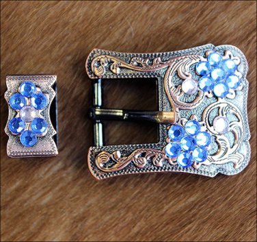 SET OF 32 RSAP PINK BLUE CRYSTALS FLORAL COPPER FINISH BUCKLE SET BELT HEADSTALL