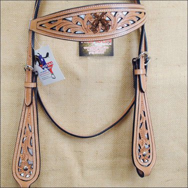 HILASON WESTERN LEATHER HORSE BRIDLE HEADSTALL TAN W/ CROSS GUN CONCHO