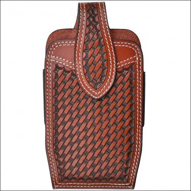 3D TAN BASKETWEAVE HAND TOOLED LEATHER LARGE SMARTPHONE HOLDER ELASTIC SIDES