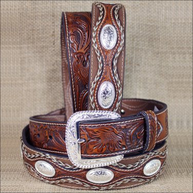 42 INCH WESTERN BROWN LEATHER MENS BELT FLORAL TOOLING  SCALLOPED OVERLAY