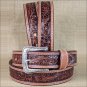 32 INCH WESTERN MEN TAN TOOLED DARK BROWN LEATHER STITCHING BELT