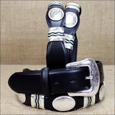 32IN. TONY LAMA CUTTING CHAMP SCALLOP WESTERN LEATHER MANS BELT BLACK W/ CONCHO