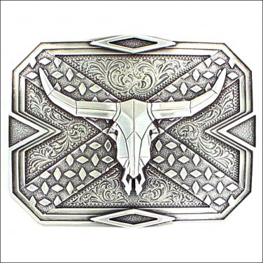 M&F WESTERN NOCONA MENS SILVERTONE SQUARE BELT BUCKLE WITH STEER SKULL