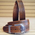 44 inch JUSTIN TOOLED WESTERN LEATHER MEN BELT BROWN W/ SILVER ENGRAVED BUCKLE