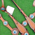 HILASON WESTERN LEATHER HORSE ONE EAR BRIDLE HEADSTALL BREAST COLLAR BLUE CONCHO