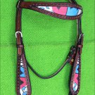 HILASON WESTERN LEATHER HORSE HEADSTALL BRIDLE MAHOGANY BLUE PINK