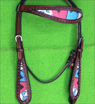 HILASON WESTERN LEATHER HORSE HEADSTALL BRIDLE MAHOGANY BLUE PINK