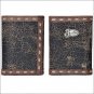 JUSTIN BLACK CRACKLE LEATHER TRIM WESTERN MENS TRIFOLD WALLET SILVER TONE CONCHO