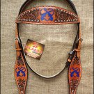 HILASON WESTERN LEATHER BROWN INLAY HEADSTALL BRIDLE TAN BLUE CROSS GUN