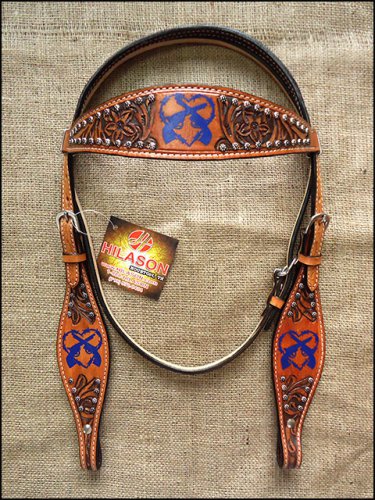 HILASON WESTERN LEATHER BROWN INLAY HEADSTALL BRIDLE TAN BLUE CROSS GUN