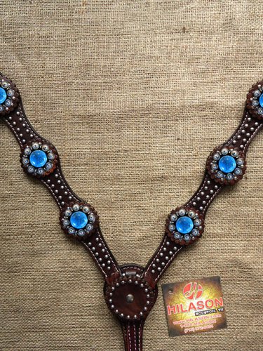 F- HILASON WESTERN LEATHER HORSE BREAST COLLAR DARK BROWN TURQUOISE BERRY CONCHO