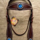 F46 HILASON LEATHER WESTERN HORSE BRIDLE HEADSTALL BROWN TURQUOISE BERRY CONCHO