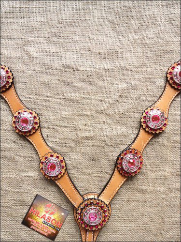 S502 HILASON WESTERN LEATHER HORSE BREAST COLLAR TAN W/ PINK CONCHOS
