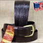 30IN. BROWN 1.5in LEATHER BELT EMBOSSED WESTERN DESIGN MADE IN USA
