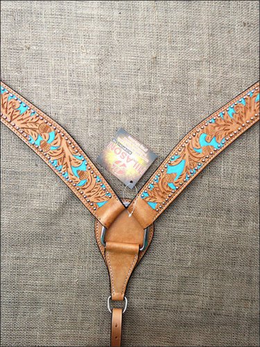 HILASON WESTERN LEATHER HORSE BREAST COLLAR TAN W/ TURQUOISE HAND PAINT INLAY