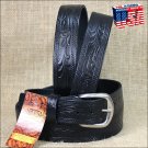 58IN. BLACK 1.5in LEATHER BELT EMBOSSED WESTERN DESIGN MADE IN USA