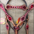 HILASON WESTERN RED ZEBRA HAIR ON LEATHER HORSE BRIDLE HEADSTALL BREAST COLLAR