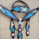 WESTERN LEATHER HORSE BRIDLE HEADSTALL BREAST COLLAR SET FLORAL BROWN TURQUOISE