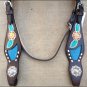 WESTERN LEATHER HORSE BRIDLE HEADSTALL BREAST COLLAR SET FLORAL BROWN TURQUOISE
