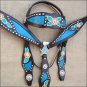 WESTERN LEATHER HORSE BRIDLE HEADSTALL BREAST COLLAR SET FLORAL BROWN TURQUOISE