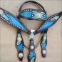 WESTERN LEATHER HORSE BRIDLE HEADSTALL BREAST COLLAR SET FLORAL BROWN TURQUOISE