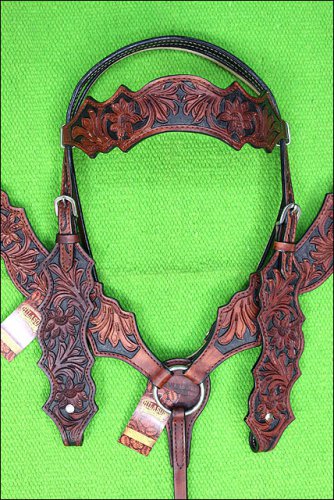 HILASON WESTERN LEATHER HORSE BRIDLE HEADSTALL BREAST COLLAR MAHOGANY HAND TOOL