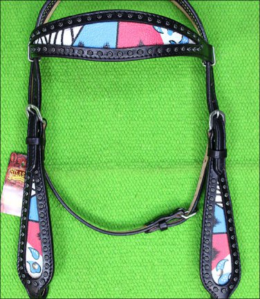 HILASON WESTERN HAND PAINT LEATHER HORSE HEADSTALL BLACK BLUE