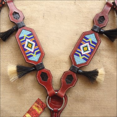 HILASON WESTERN LEATHER BEAST COLLAR BEADED MAHOGANY HORSE HAIR TASSEL