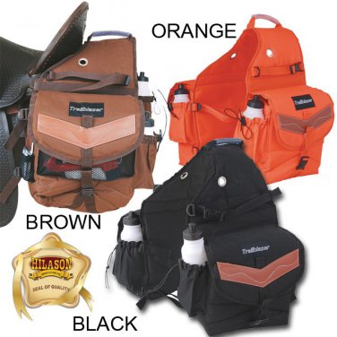 HORSE TRAIL RIDING CAMPING SADDLE BAG PACK 2 WATER BOTTLES BLACK ORANGE BROWN
