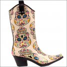 SIZE 8 M&F WESTERN WOMENS CREAM SUGAR SKULL DESIGN SNIP TOE LEG RAIN BOOTS