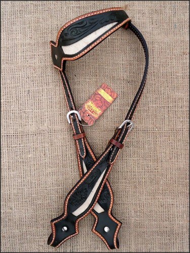 HILASON WESTERN LEATHER HORSE ONE EAR BRIDLE HEADSTALL BLACK WHITE HAIR ON INLAY