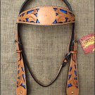 HILASON WESTERN LEATHER HORSE BRIDE HEADSTALL TAN W/ ROYAL BLUE INLAY