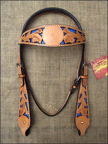 HILASON WESTERN LEATHER HORSE BRIDE HEADSTALL TAN W/ ROYAL BLUE INLAY
