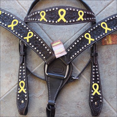 CUSTOM WESTERN HEADSTALL BREAST COLLAR BLADDER BONE SARCOMA CANCER YELLOW RIBBON