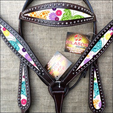 HILASON WESTERN LEATHER HORSE BRIDLE HEADSTALL BREAST COLLAR BROWN BUTTERFLY